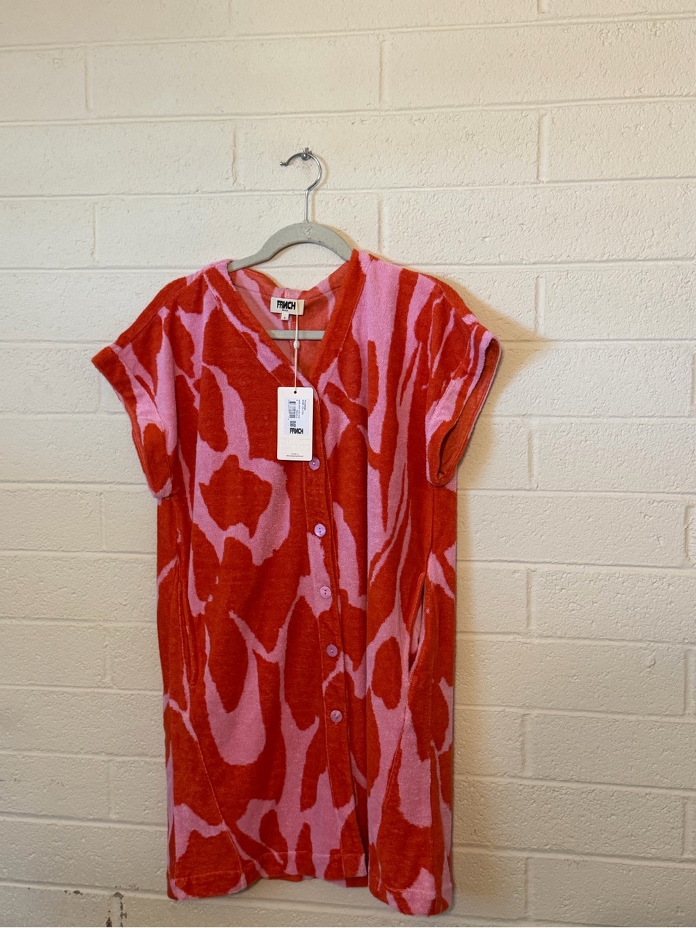 NWT FRNCH Paris Celtica Terry Cloth Dress Pink Orange Abstract Shirt Dress S